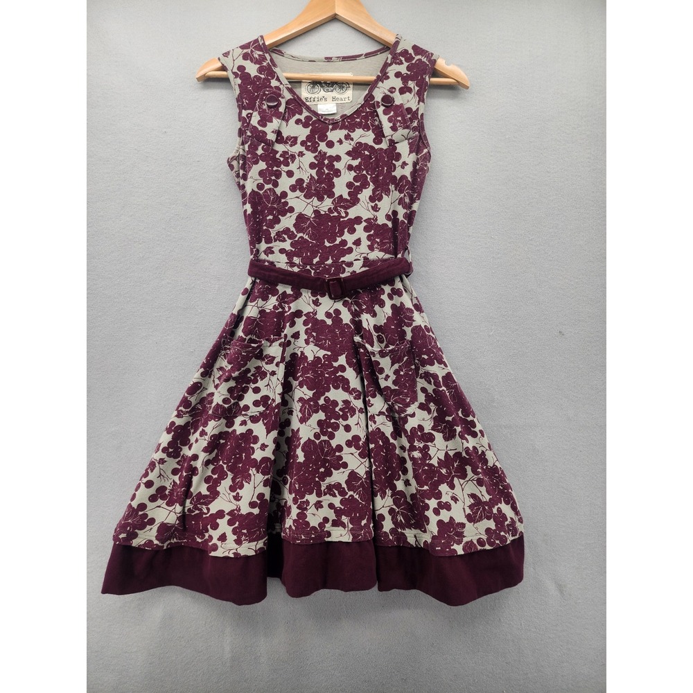Effie's Heart Grape Vine Floral Fit Flare Dress Burgundy Retro XS Pockets Belted